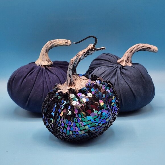 Blue Pumpkins Sequin Iridescent Fabric Gothic Halloween Decor Silver Stems 3 PC - Picture 2 of 10